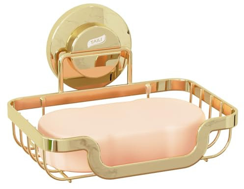 TAILI Soap Dish for Shower, Max Hold 5 KG Suction Soap Holder for Bathroom, Bathtub, Wall Mounted, Waterproof, Drill-Free, Removable Metal Shower Organizer, Stainless Steel Sponge Sink Holder, Gold