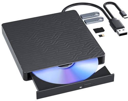 5 in 1 External Blu Ray Drive for Laptop, Portable External Blueray/DVD Drive for PC, USB 3.0 & Type-C Blu Ray Burner Support 50G Disc, USB Bluray Drive with TF SD Port for Windows Linux Mac OS