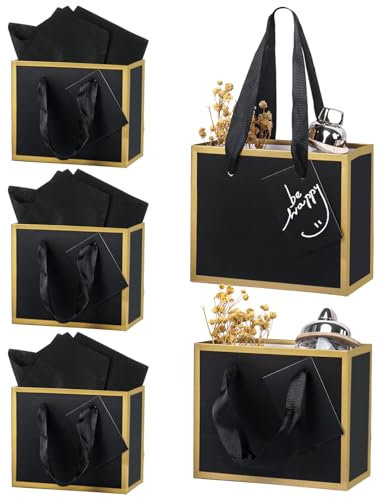 5 Stück Geschenktüten klein mit Seidenpapier und Geschenkanhänger, 18 × 10 × 16cm Weiß Papiertüten klein Geschenktaschen für Geburtstag Hochzeit Babyparty(Schwarz)