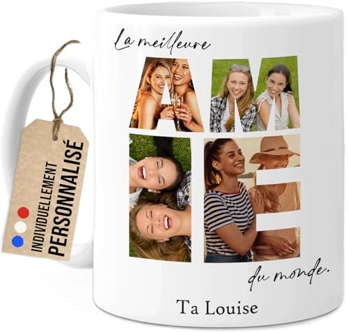 Cupdarling® Tasse Personnalisable Meilleure Amie - Idee Cadeau Femme Anniversaire Original - Cadeau Pour Une Amie - Mug Personnalisé Amies - 4 Photos - 330 mL Céramique