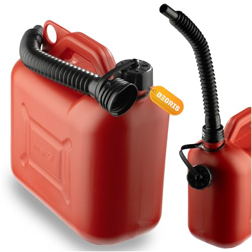 BEGRIS® Kunststoff Kraftstoffkanister für Benzin & Diesel, Öl, Benzinkanister 5L, Benzintank mit Trichter Zertifikat, Roter Reservekanister 25 cm x 26 cm x 13,5 cm (5L)