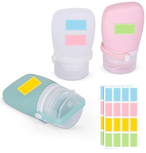 CLKE 3Pcs 38ml Travel Bottles for Toiletries, Silicone Silicone Travel Bottles, Mini Leak Proof Refillable Containers, for Shampoo, Conditioner, Lotion, Toiletries, with Label Stickers