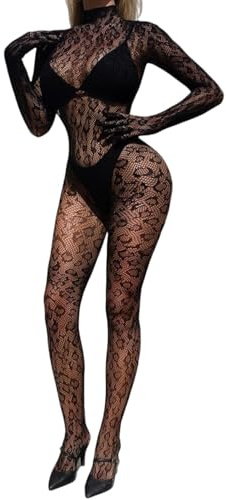 ROSVAJFY Lencería Mujer Bodystocking Sexy Leopardo Body Una Pieza Transparente con Manga Larga Malla Elástico para Ropa Interior Dormir Catsuit Mono Teddy Babydoll con Medias Negro XS-XL