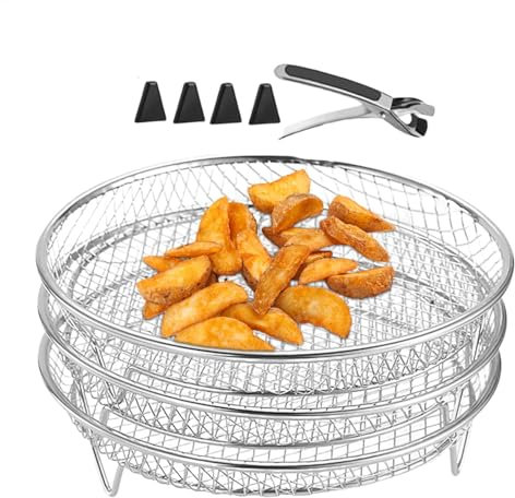 Fryer Cooking Racks, 3X Stackable Grill Baskets, Multi-Layer Kitchen Stand, Versatile Fryer Accessories with Gripper Clip for Steamer and Oven, Stainless Steel