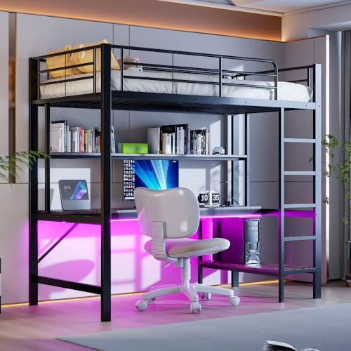 Zubaliya Lit Mezzanine 90 x 200 cm avec Prise USB et Secteur et éclairage LED,Lit superposé Enfant avec Bureau, étagère à Plusieurs Niveaux et Garde-Corps,métal,sans Matelas (Noir- 90)