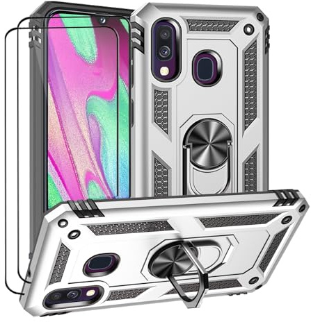 LEVIOSA Kompatibel mit Samsung Galaxy A40 Hülle mit 2 Schutzfolie, Panzerhülle mit 360° Metall Ring Ständer, Stoßfeste Handyhülle aus TPU & PC, Kameraschutz, Magnetische Halterung für Galaxy A40