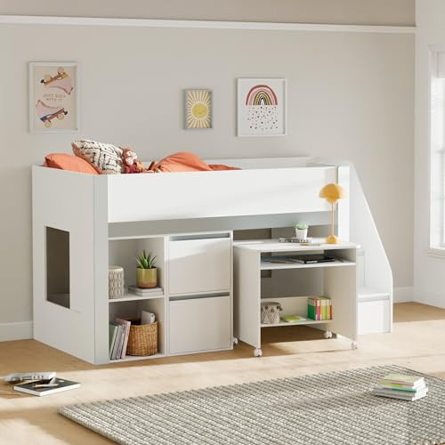 Julian Bowen Gaia Mid Sleeper, White - H120.5 x W95.5 x D238cm | Modern Kids Cabin Bed, Built-In Ladder, 90cm/3ft, Pull-Out Desk, Shelves & Drawers, Space-Saving Bed Frame, Ideal for Kids