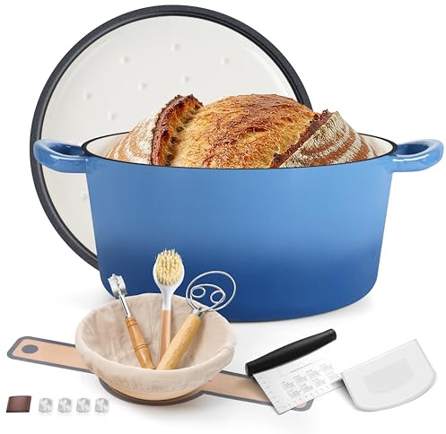E-far Emaillierter Dutch Oven Topf zum Brotbacken, emailliertes Gusseisen-Kochgeschirr mit selbstbrennendem Deckel und Sauerteigbrotbackzubehör, robuster Kasserolle und zwei Griffen, Blau