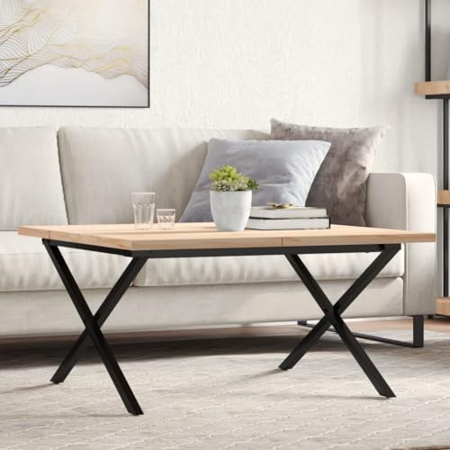 Holamys Couchtisch X-Gestell 80x80x45,5cm aus massivem Kiefernholz, unbehandelt, mit stabilem Stahlrahmen für Wohnzimmer & Essbereich