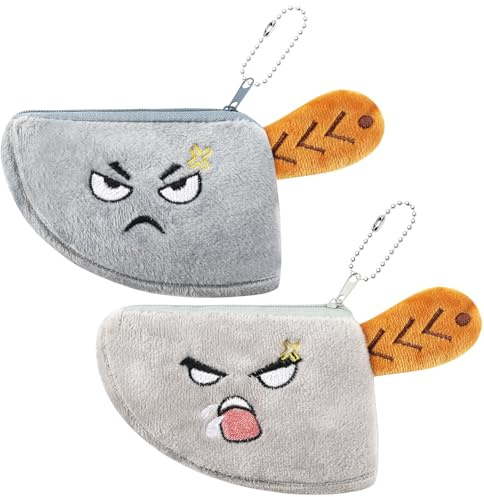 TUCEWP 2Pcs Knife Shape Coin Purse Cute Grey Wallet Plush Cartoon Coin Pouch Embroidered Change Purse Small Zipper Cosmetic Bag Funny Creative Earphone Purse Key Holder Birthday Gifts for Women Teen
