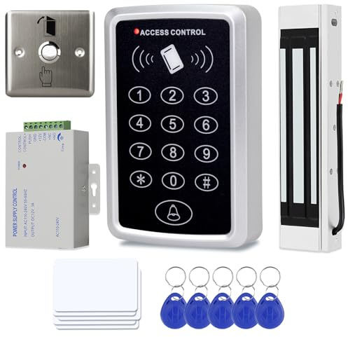 AccessShield Door Entry System with Waterproof Access Control Keypad Power Supply DC 12V,Door Lock Release Switch,Electric Lock and 125KHZ RFID Key Fobs (with 180Kg Magnetic lock)