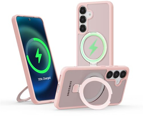 Meeter Coque pour Samsung Galaxy S23 avec Support, MagSafe Compatible Étui Rotatable Kickstand, Anti-Rayures PC Dur Housse Arrière Mat Translucide Protection Case avec Anneau Ajustable Rolatif, Rose