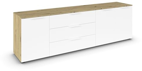 Rauch Möbel Flipp, Kommode, Farbe Weiß/Eiche Artisan, Breite 199 cm | Sideboard, 3-türig, 3 Schubladen, Soft-Close-Funktion, für Schlafzimmer, Gästezimmer, Wohnzimmer, Garderobe, Flur
