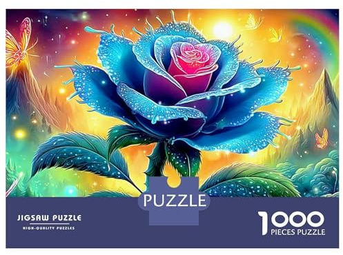 Rainbow Rose Fantasy Jigsaws 1000 Piece Puzzle Blue in Psychedelic Art Colourful Challenging Brainteasing Impossible for Adults Kids 38x26cm/1000pcs
