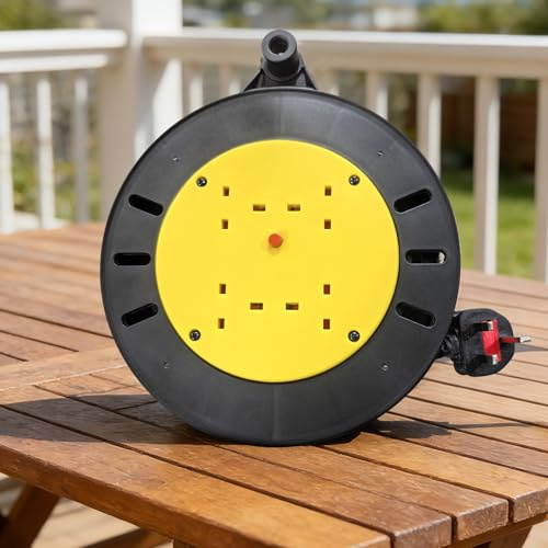 10m Outdoor Extension Lead, 4 Socket Extension Reel, Heavy Duty Extension Cable, Thermal Cut Out, Extension Lead for Garden Lawn Mower Office, 13A Fused UK Plug
