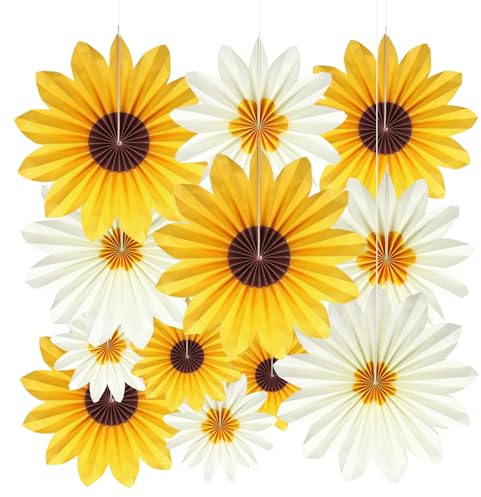 BestoFun 12 Stück Sonnenblumen Papierfächer Deko Gelb Beige Hängende Seidenpapier Fächer Girlande für Geburtstag Hochzeit Baby Shower Sommerparty Tischdeko Party Dekoration