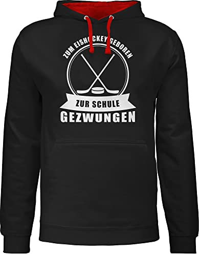 Pullover Herren Frauen Hoodie Kontrast zweifarbig - Zum Eishockey geboren. Zur Schule gezwungen - XS - Schwarz/Rot - hockey geboren pulli icehockey geschenk um hoody eishockey-fanartikel zu spielen
