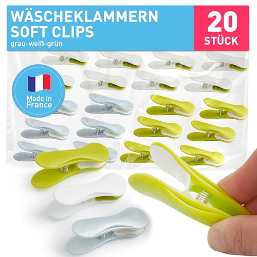 culiclean Pince a Linge Soft Clips – Pinces à Linge – Epingle a Linge – Fabriqué en France – 80mm x 15mm – Gris-Vert-Blanc – Lot de 20 Pièces