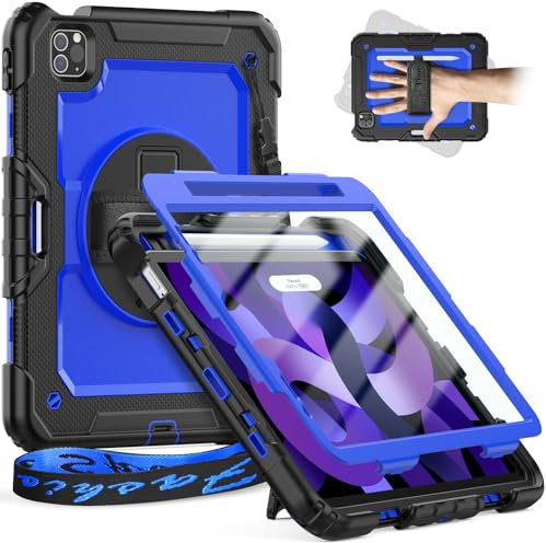 Timecity Case ONLY For iPad Air 5th Generation 2022/ iPad Air 4th Generation 2020, iPad air 10.9 inch case, Sturdy Protection Case with Screen Protector [360 Rotating Stand] Hand Strap, Dark Blue