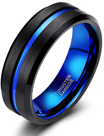 Zakk Ringe Herren Damen Wolfram 8mm Gebürstet Schwarz Blau Silber Rosegold Verlobungsringe Trauringe Eheringe Größe 52 bis 75 (Schwarz+Blau, 56 (17.8))