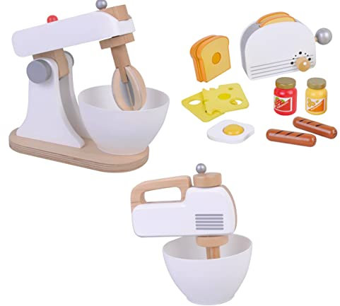 Mega Küchengeräte Set aus Holz für Spielküche Toaster, Küchenmaschine, Mixer