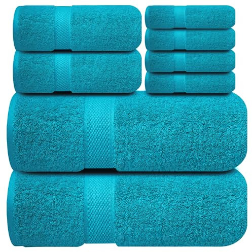 Infinitee Xclusives Premium Bath Towel Set 8-Piece (2 Bath Towels, 2 Hand Towels, 4 Washcloths), Super Absorbent Soft 100% Ring-Spun Cotton for Spa, Gym, Hotel & Bathroom |Serene Teal|