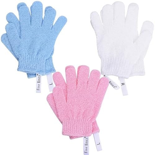 Fine Lines - Peeling-Duschhandschuhe, 3 Paar (6 Stück) - Peeling-Handschuh für Badepeeling, Entferner von abgestorbener Haut - Peeling-Handschuh - Körperpeeling-Handschuhe mit hängenden Reifen -