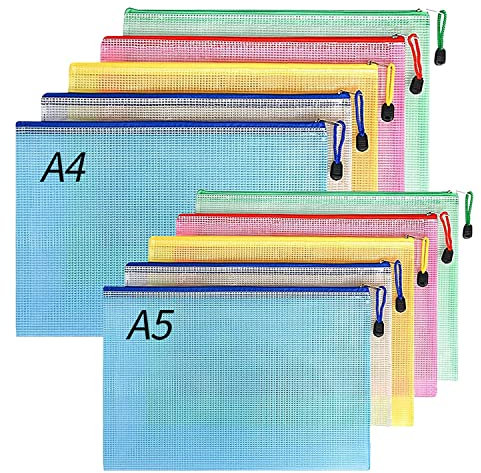 FYY Dokumententasche A4+A5,10 Stücke (Je 5) Datei Taschen mit Reißverschluss,Mesh Kunststoff Reißverschlusstasche,Schulbüro Hausaufgaben für Datei,Papier,Quittungen,Dokumente,Kosmetika,Farbe Taschen