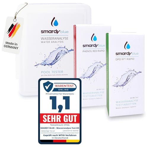SMARDY Probador Kit - 360 Pastillas de Prueba Rápida para Agua Potable, Acuario, Piscina - 180 Phenol Red (Valor de PH) y 180 DPD1 (Cloro Libre, Bromo) & 1x Medidor de Agua & Caja de Almacenamiento