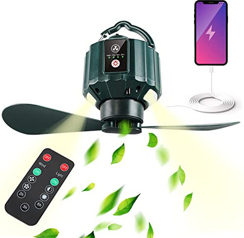 Hanging Rechargeable Wireless Ceiling Fan Light with Remote Control, Portable LED Lights Hook, for Camping Fishing Bedroom Living Room