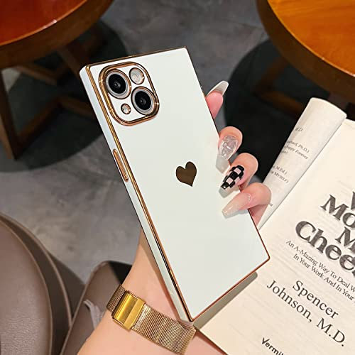ZTOFERA Soft TPU Case for iPhone 13, Square Heart Pattern Reinforced Corners Electroplate Edge Case, Full Camera Lens Protective Shockproof Bumper Cover for iPhone 13 6.1 inch - White