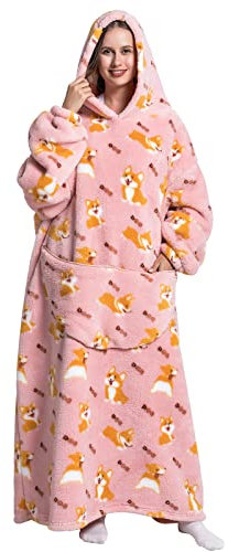 Geagodelia Damen Lange Decken Hoodie Oversized Hoodie Pullover Kuschelig Fleece Hoodie Decke zum Anziehen Weiche Kuschelpullover Hausanzug Kapuzenpullover Winter Einheitsgröße (Pink-Corgi)