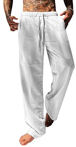 YAOBAOLE Leinenhose Herren Lang Sommer Leicht Freizeithose Casual Weiß L