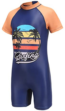 Aisyee Boys Swimsuit Kids Short Sleeve Swimming Costume Boys One Piece Swimwear Children Rash Guard Bathing Suit 13-14 Years