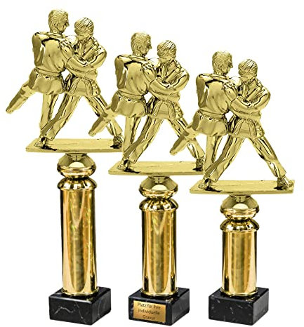 eberin · Kampfsport Pokal · Judo · Karate · Jiu-Jitsu · Taekwondo · Aikido · Kämpfer auf Goldsäule/Marmor schwarz · Auszeichnung · Pokal · in 3 Größen erhältlich · mit oder ohne Gravur ·