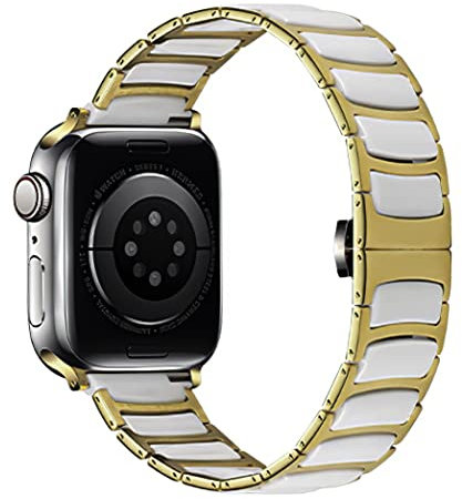 MaKTech Keramikband,Dünnes Edelstahl-armbänder mit Eingelegten Keramikgliedern,für Apple watch Serie 11/10/9/8/7,Ultra 3/2/1,SE 3/2/1 [2025] (46mm/45mm/44mm/49mm,Gold/Weiß)