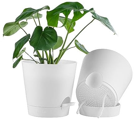 FaithLand 2-Pack 9 Inch Planter Pots for Indoor Outdoor Plants, Self Watering Flower Pots with Deep Reservoir, White …