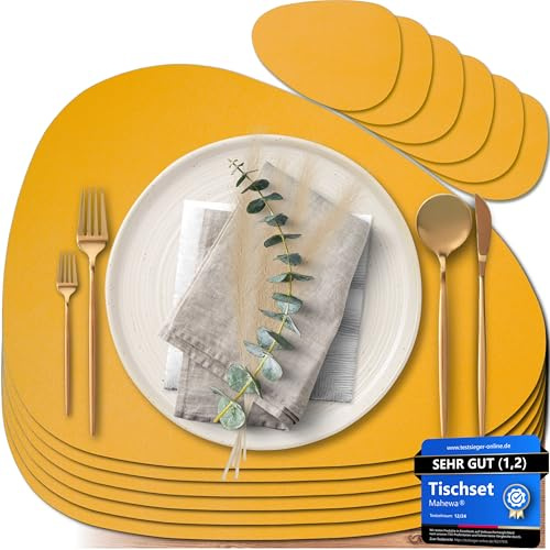 Mahewa® 6er Set Premium Tischset aus Kunstleder - Platzset abwaschbar und wasserdicht - Platzdeckchen Telleruntersetzer in Lederoptik (Senfgelb, Oval)