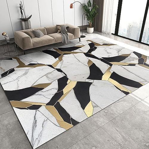 TEMLAN Weiß-Schwarz-Gold-Muster Teppiche Gegend, Luxusmode Aus Marmor Kurzflor Teppiche für Teppich Wohnzimmer Teetisch Sofa Bodenmatte Schlafzimmer Nachttisch Teppich 160 x 230cm