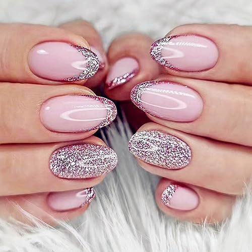 24pcs Short Almond False Nails Pink Glitter Tip - French Tip Fake Nails Full Cover Shiny Oval Glossy Press on Nails for Women Girls Acrylic Nails Art (Glitter Tip)
