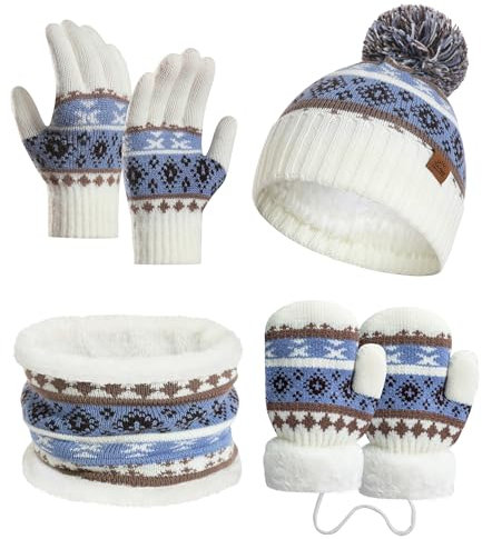 LAUSONS Ensemble 4 en 1 pour enfant - Bonnet tricoté chaud - Bonnet à pompon - Moufles et écharpe tubulaire avec doublure en polaire - Pour 3 à 8 ans, Blanc., 3-8 ans