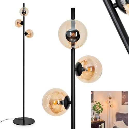 HOFSTEIN Stehleuchte Remaisnil, moderne Stehlampe aus Metall/Glas in Schwarz/Bernsteinfarben, Standleuchte mit Schirmen aus Glas (Ø 12 cm), mit Fußschalter am Kabel, 3 x G9, ohne Leuchtmittel