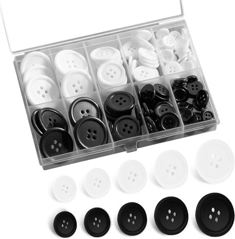 Nogeqi 160 Stück knöpfe schwarz 15mm um Annähen, schwarze knöpfe 20mm 4 Loch, Weiß Buttons 25mm Rund Knopf Harz zum Nähen Basteln Stricken 12mm 10mm