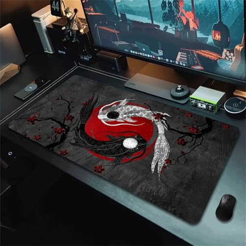 Gaming Mauspad XXL,Mousepad 1200x600x3mm,Großes Mauspad Vernähte Kanten Wassxerdicht Anti-Rutsch für PC,Laptop Verbessert Präzision und Geschwindigkei - Japanischer Schwarz-Weiß-Fisch