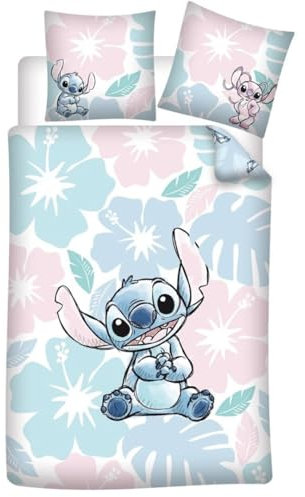 Stitch Flowers Kinder-Bettwäsche, Wendbarer Bettbezug 135 x 200 cm + Kissenbezug 80 x 80 cm, 52% Baumwolle-48% Polyester