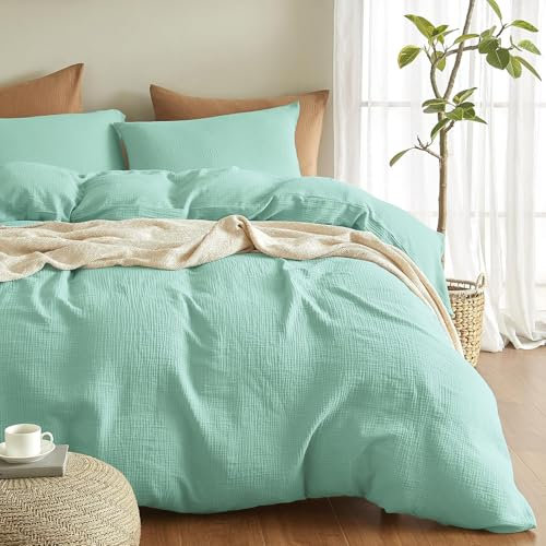 Boqingzhu Doppelte Bettwäsche Mint Grün 135x200cm Muslin Baumwolle Weich Kuschelig Sommer Baumwollbettwäsche Set Leinen Hellgrün Bettbezug 135x200cm und Kissenbezug 80x80cm mit Reißverschluss