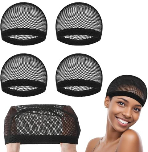 Dimeho Haarnetz Wig Cap, 4 Stück Dehnbare Atmungsaktive Nylon Perückenkappen, Schwarz Perückenkappen, Rutschfeste Haarnetze, Webkappen zum Herstellen und Aufbewahren von Perücken, Netz Wig Zubehör