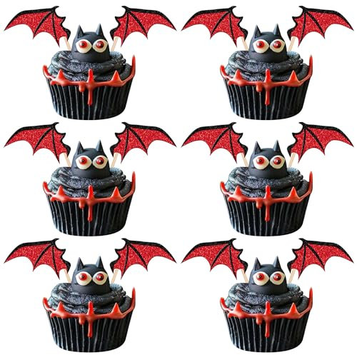 Xsstarmi 24 Pack Halloween Bat Cupcake Toppers - Glitter Vampire Wings Picks for Cake Decorations - Baby Shower Birthday Party Supplies (Red)