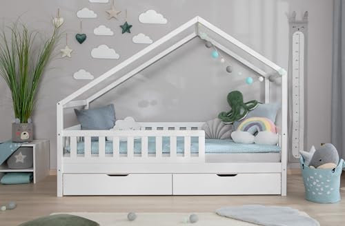 TiCAA Hausbett Bodenbett wandelbar mit Schrägdach Lou 90/100/120/140x200 cm für Jungen & Mädchen, inkl. Rolllattenrost, Schubladen & Rausfallschutz, Montessori Bett aus Kiefer Massivholz
