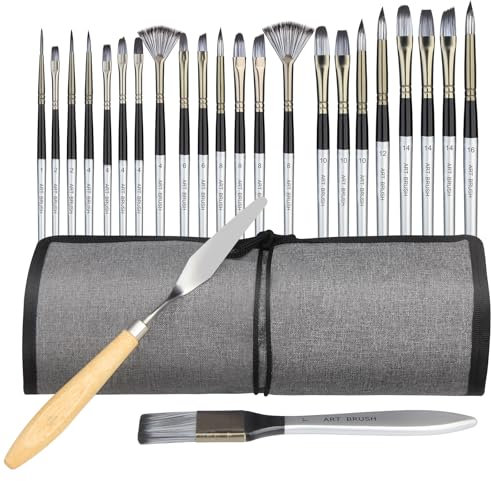 Set de 24 Pinceaux Acryliques Pinceaux d'artiste Synthétiques de Haute Qualité avec Étui à Pinceaux et Couteau à Palette Set pour La Peinture Acrylique, L'Aquarelle, La Peinture à l'huile, La Gouache